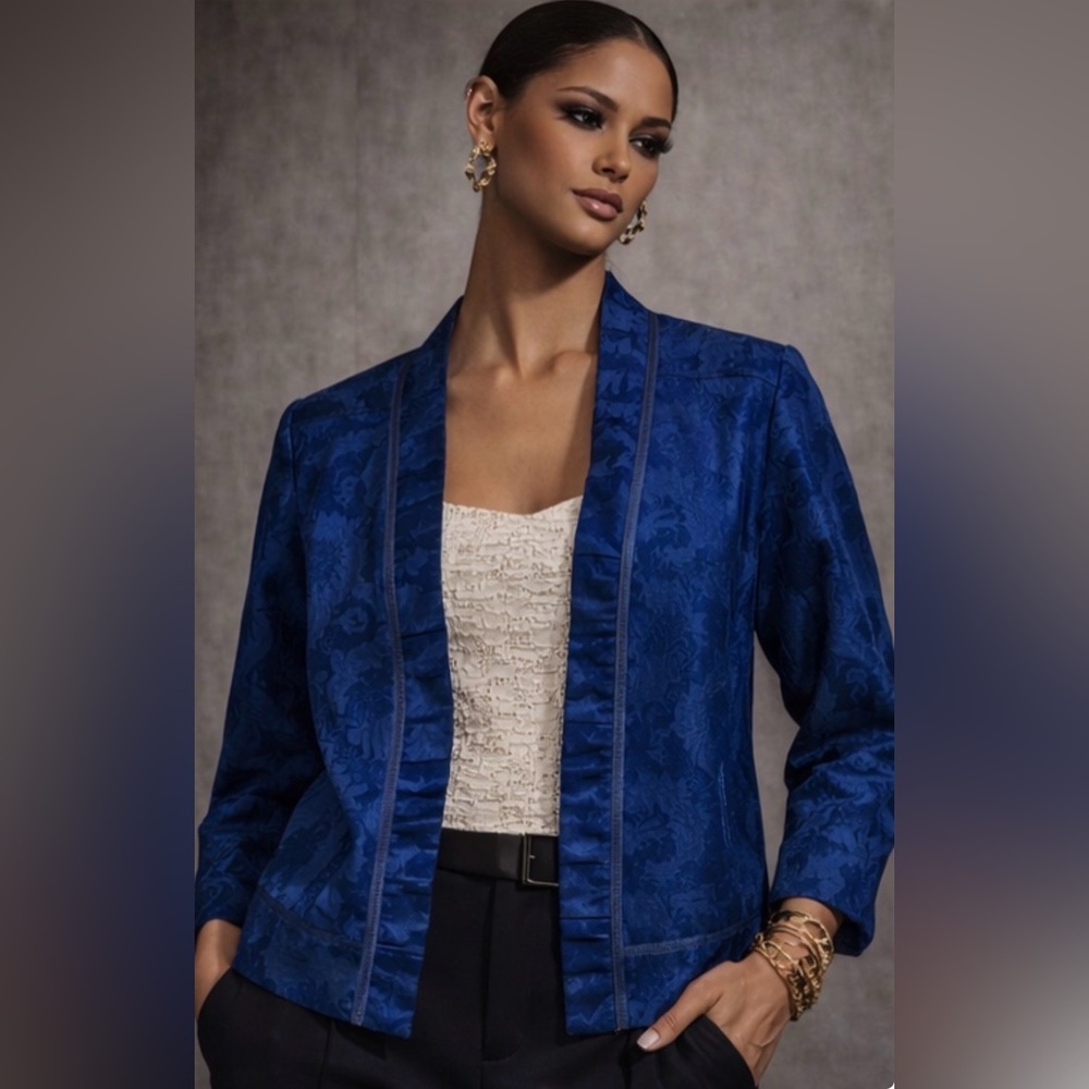 Chicos Pleated Front Jacquard Denim Blue Blazer